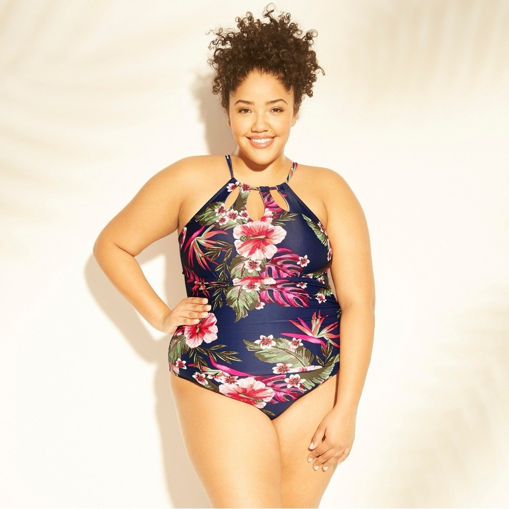 EUC Plus Kona Sol Floral Halter One-Piece Swimsuit 24 W
